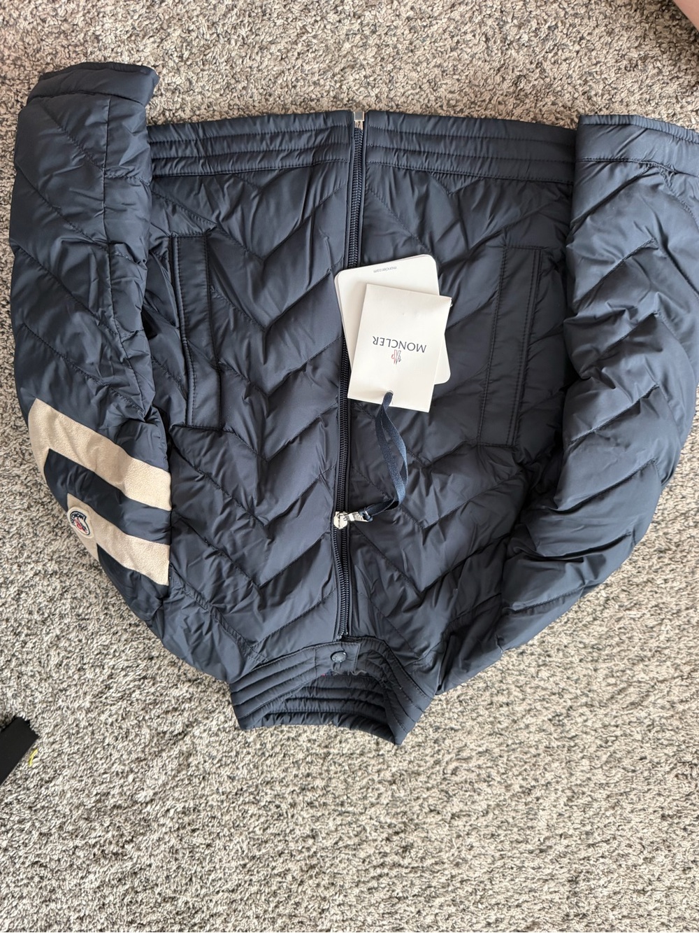 Moncler Kids Navy Quilted Down Jacket with White Stripe